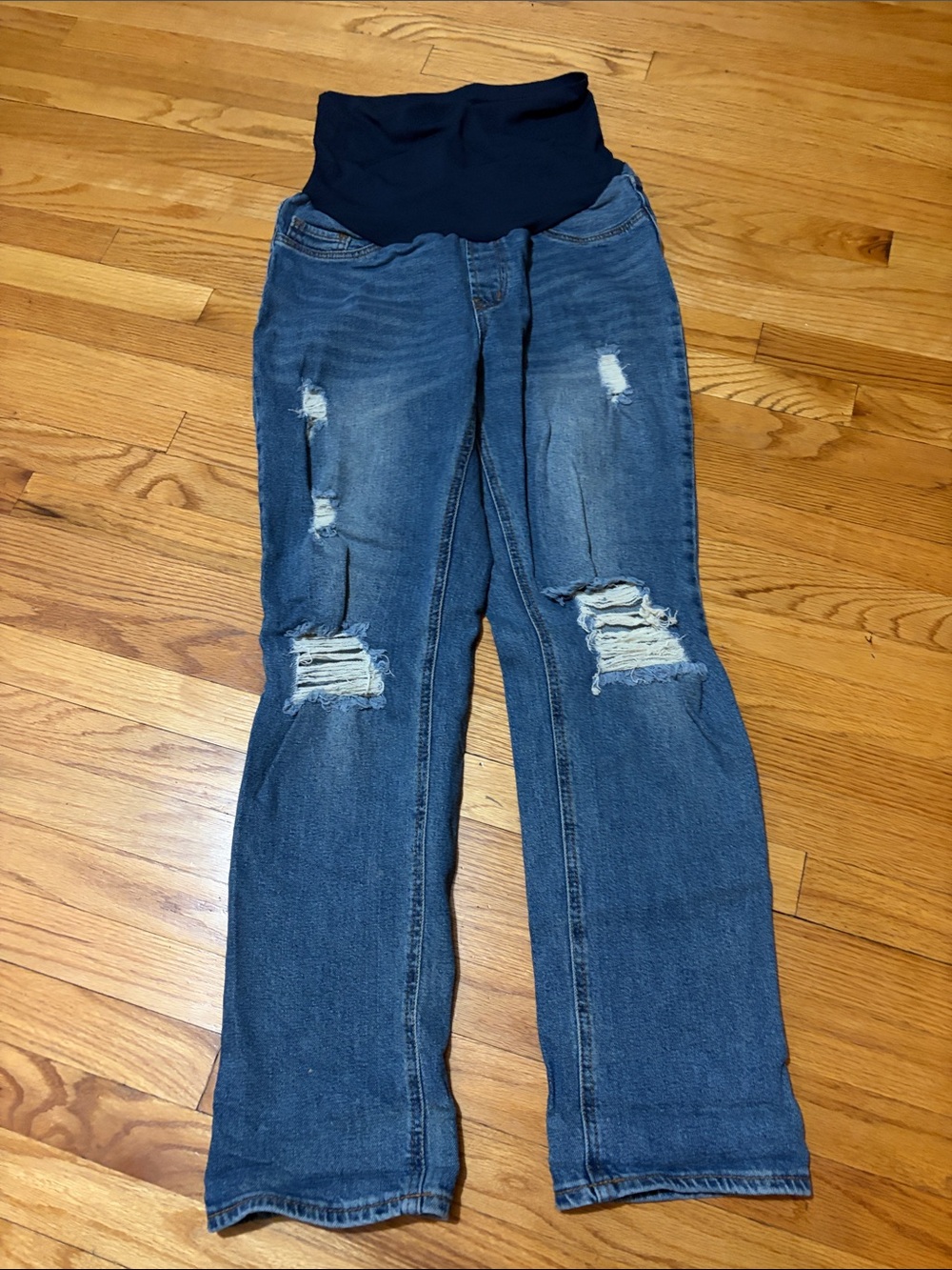 Navy Panel Distressed Blue Maternity Boot Cut Jeans